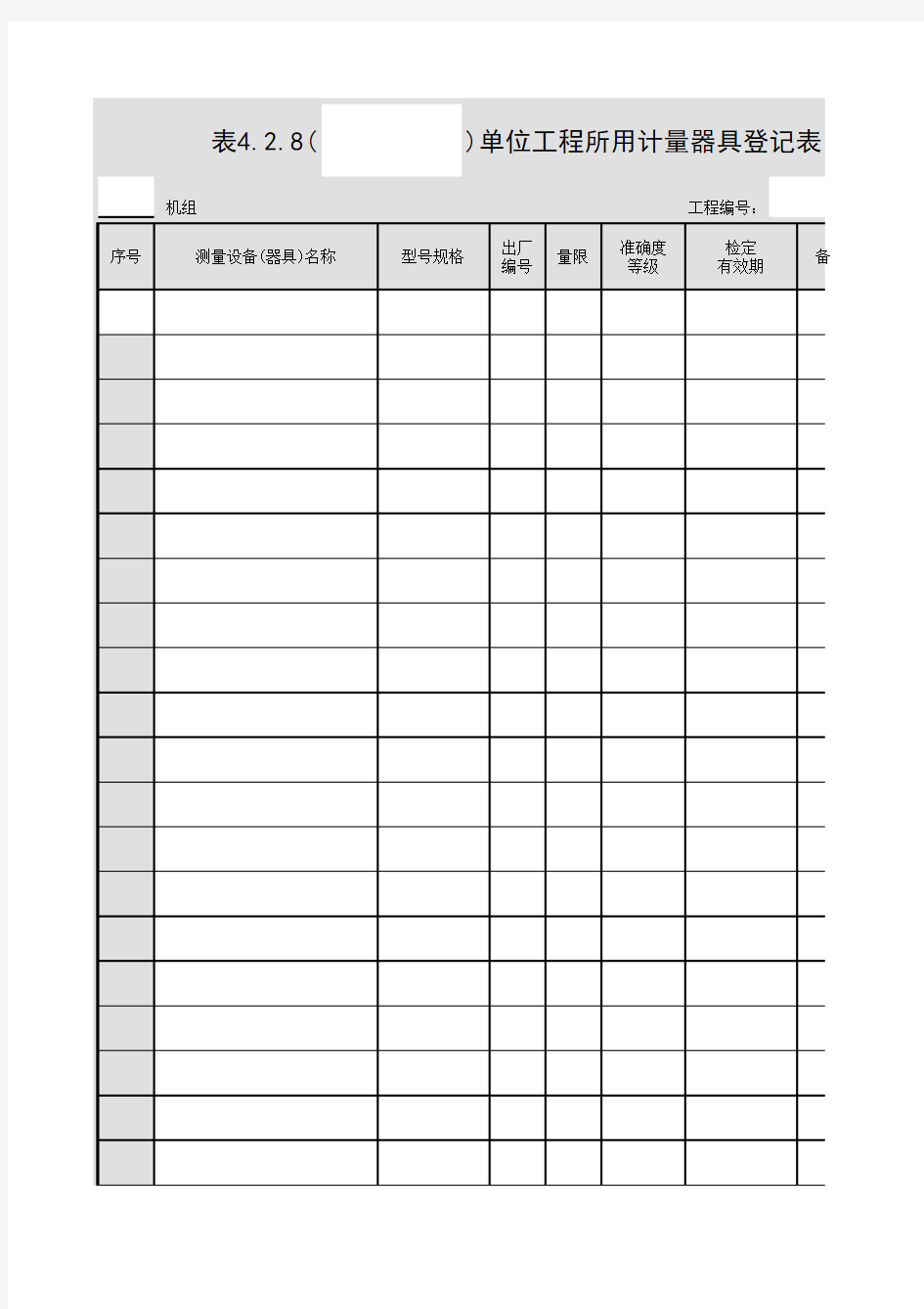 001-表4.2.8(    )单位工程所用计量器具登记表