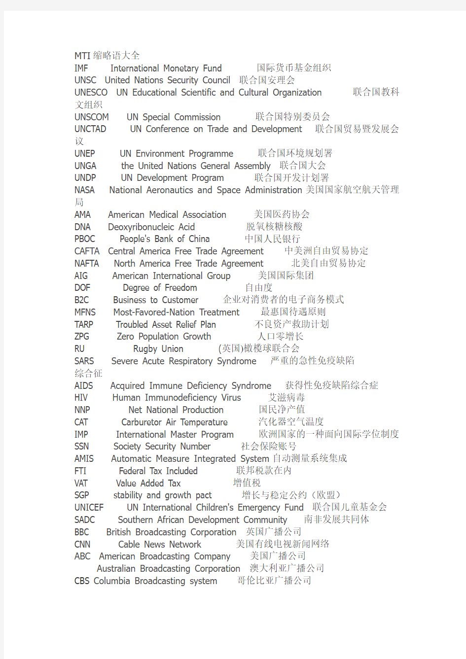 MTI 翻译硕士必备缩略语