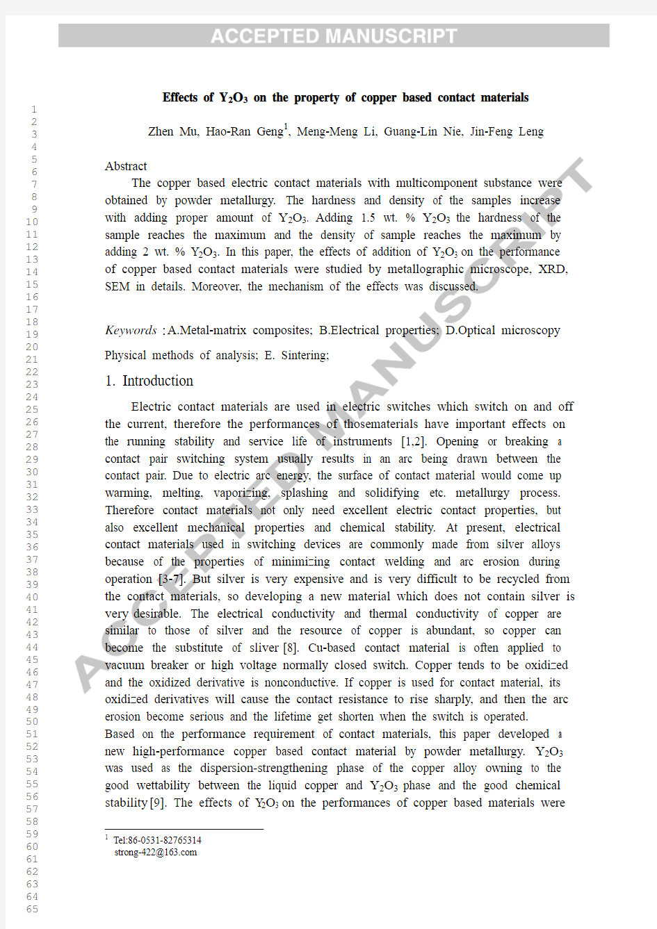 Effects of Y2O3 on the property of copper based contact materials