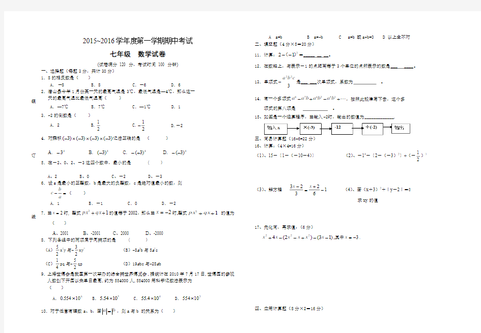 2015沪科版最新期中考试(七年级数学)试题