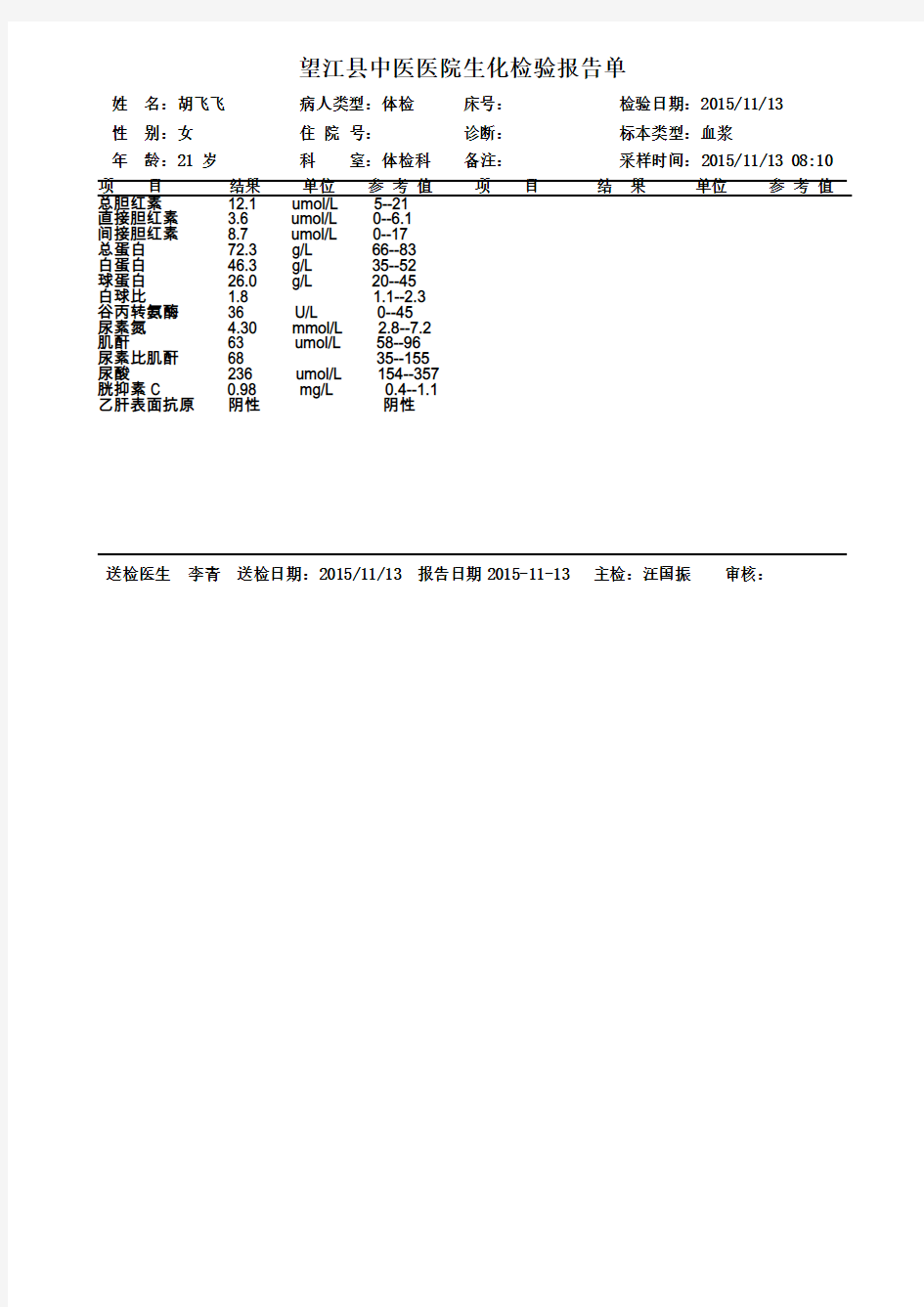 生化检查报告单模板