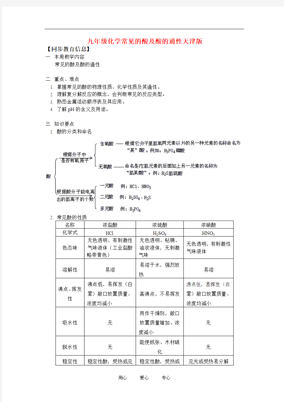 九年级化学常见的酸及酸的通性天津版知识精讲