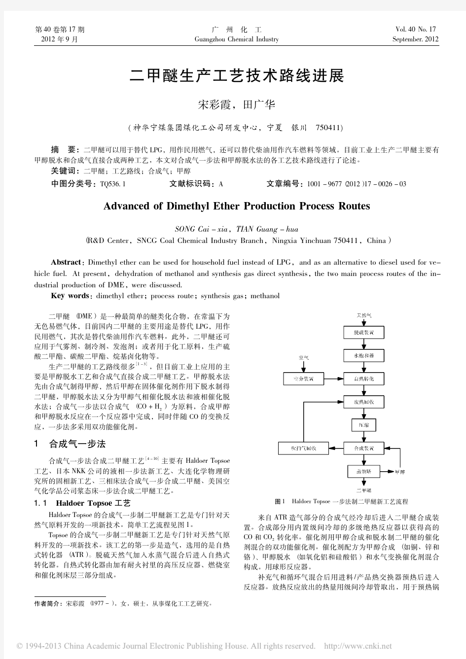 二甲醚生产工艺技术路线进展_宋彩霞
