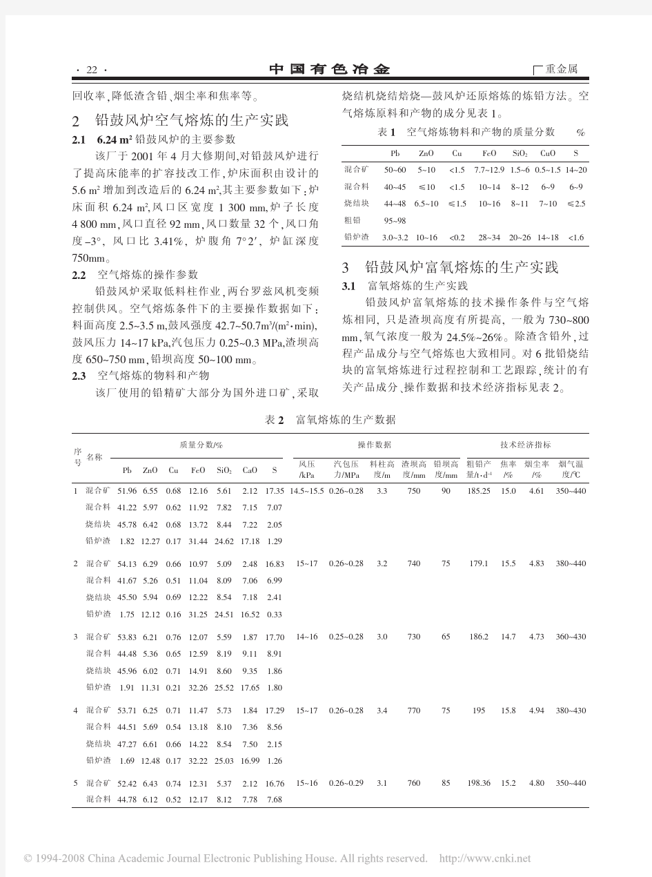 铅鼓风炉富氧熔炼的生产实践