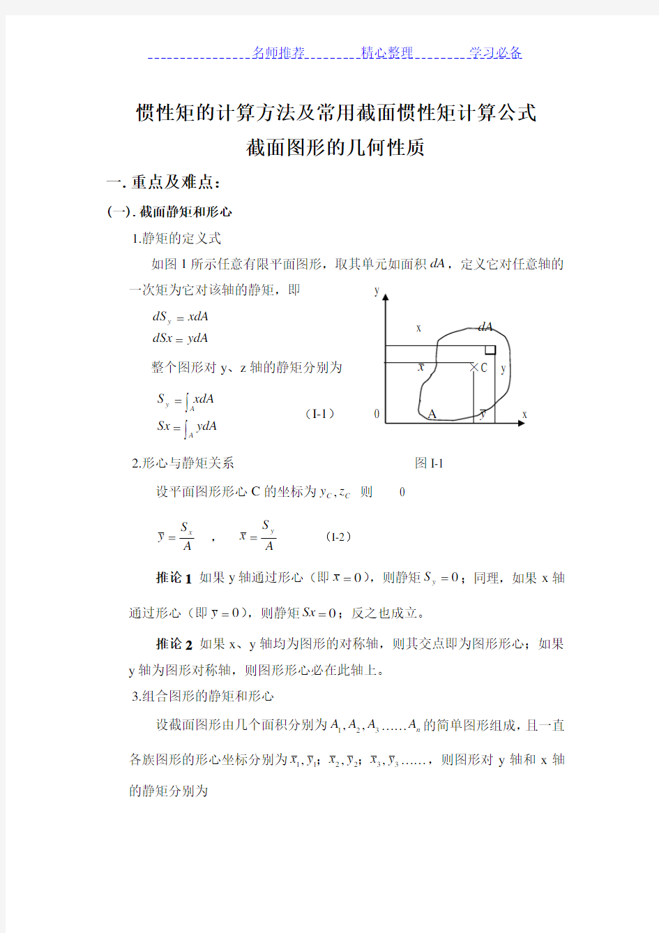 惯性矩的计算方法及常用截面惯性矩计算公式