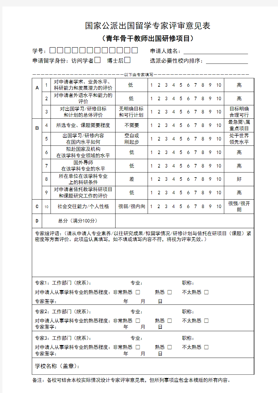 国家公派出国留学专家评审意见表