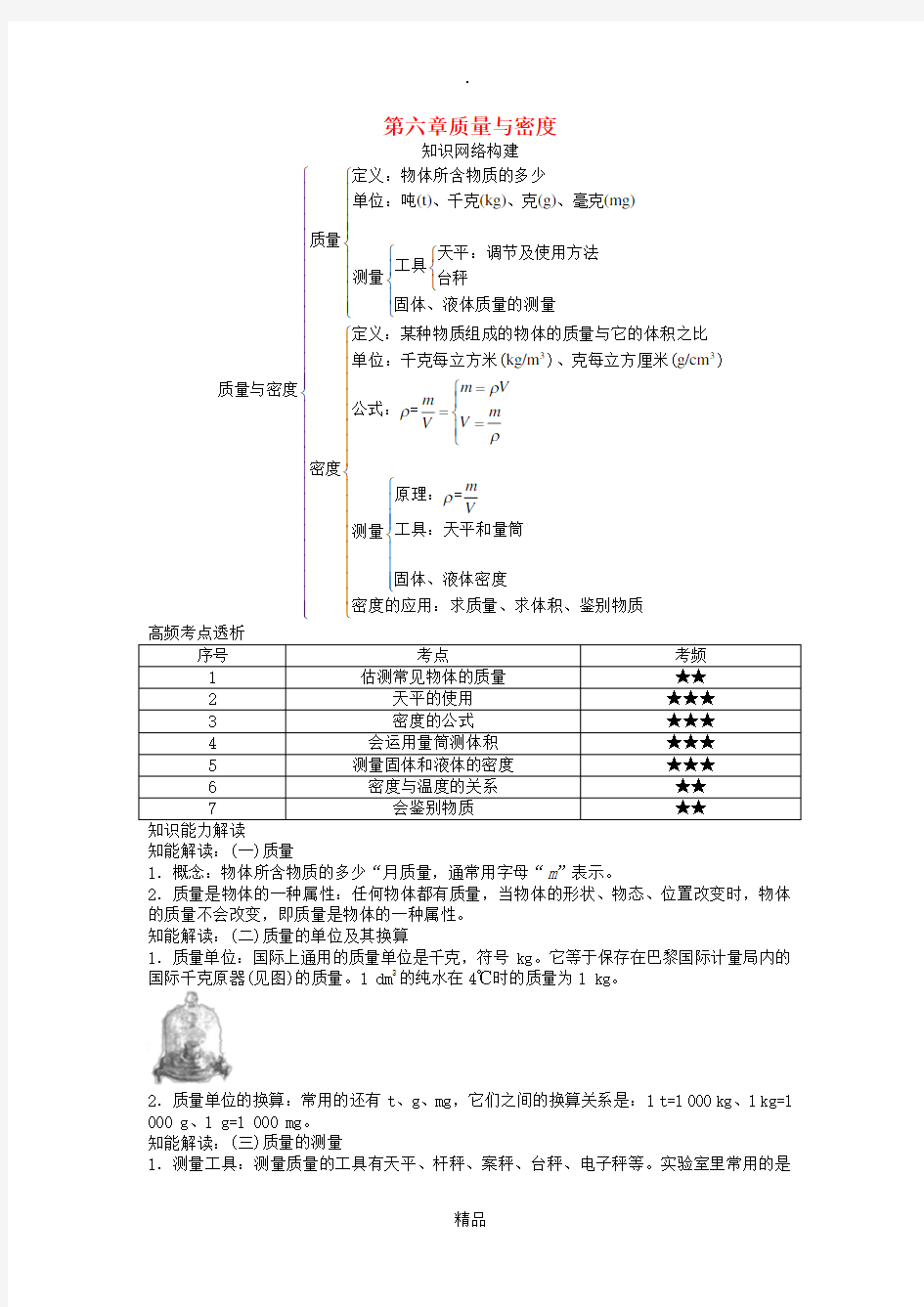 中考物理 基础知识手册 第六章 质量与密度