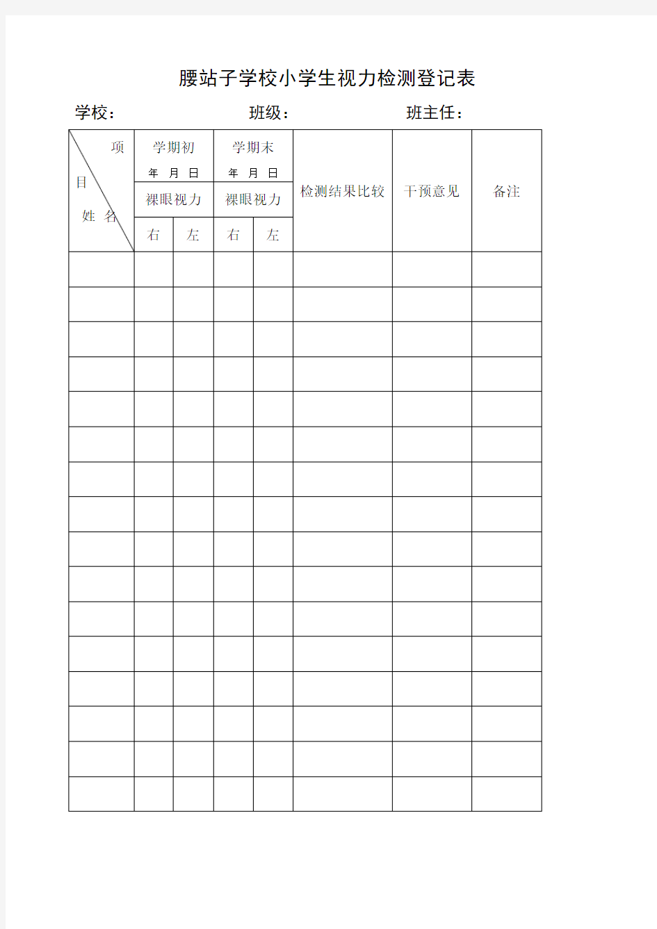 小学生视力检测登记表