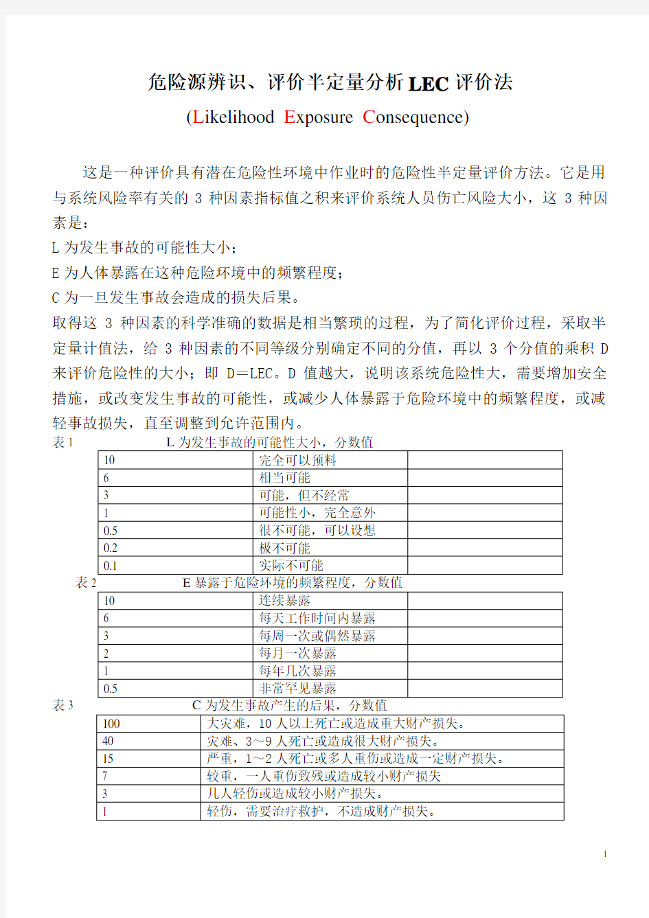 评价半定量分析LEC评价法