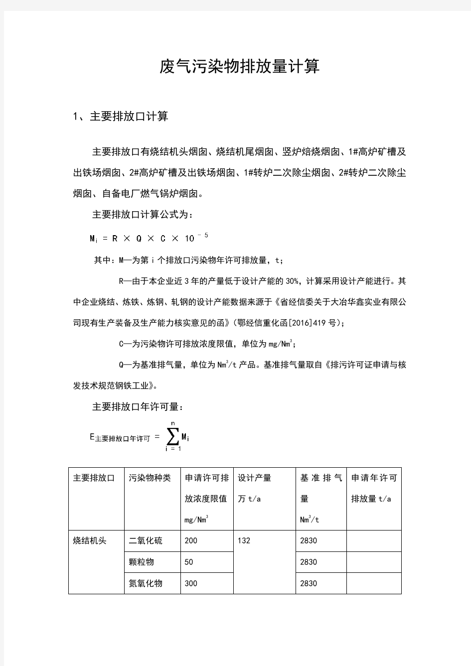 废气污染物排放量计算