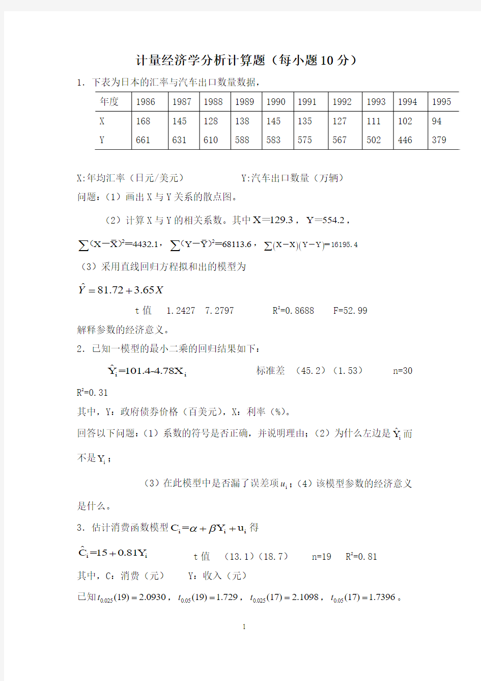 计量经济学分析计算题.