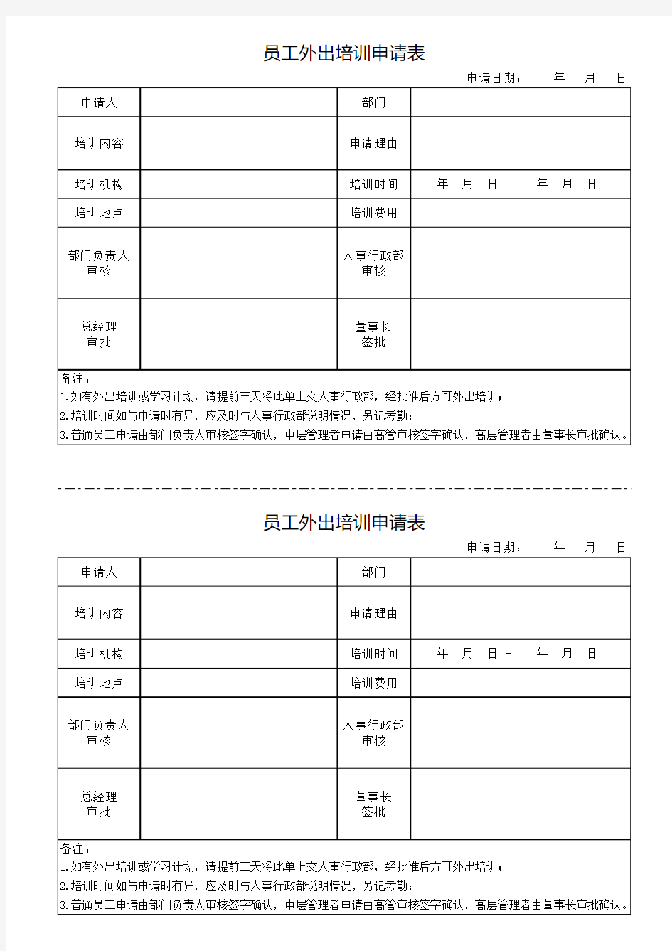 员工外出培训申请表