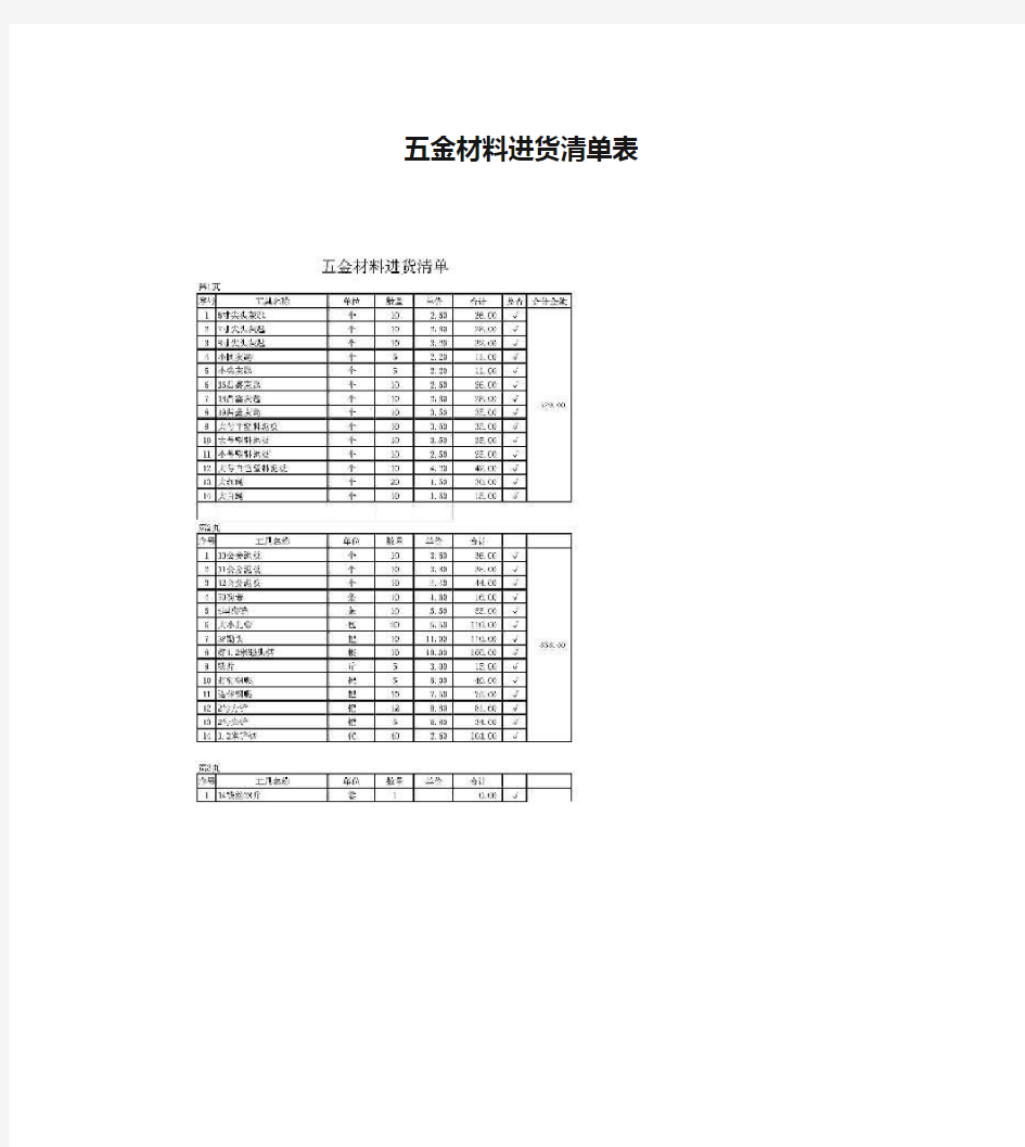 五金材料进货清单表