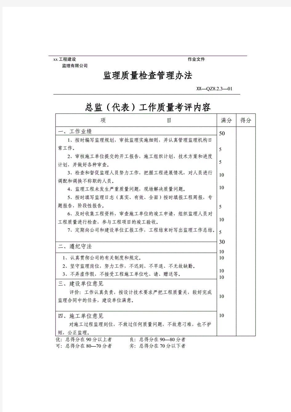 监理公司总监理工程师业绩考评表模版