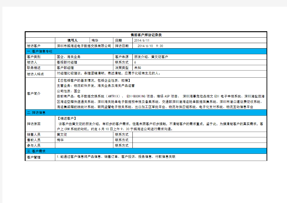 客户拜访记录表(范例)