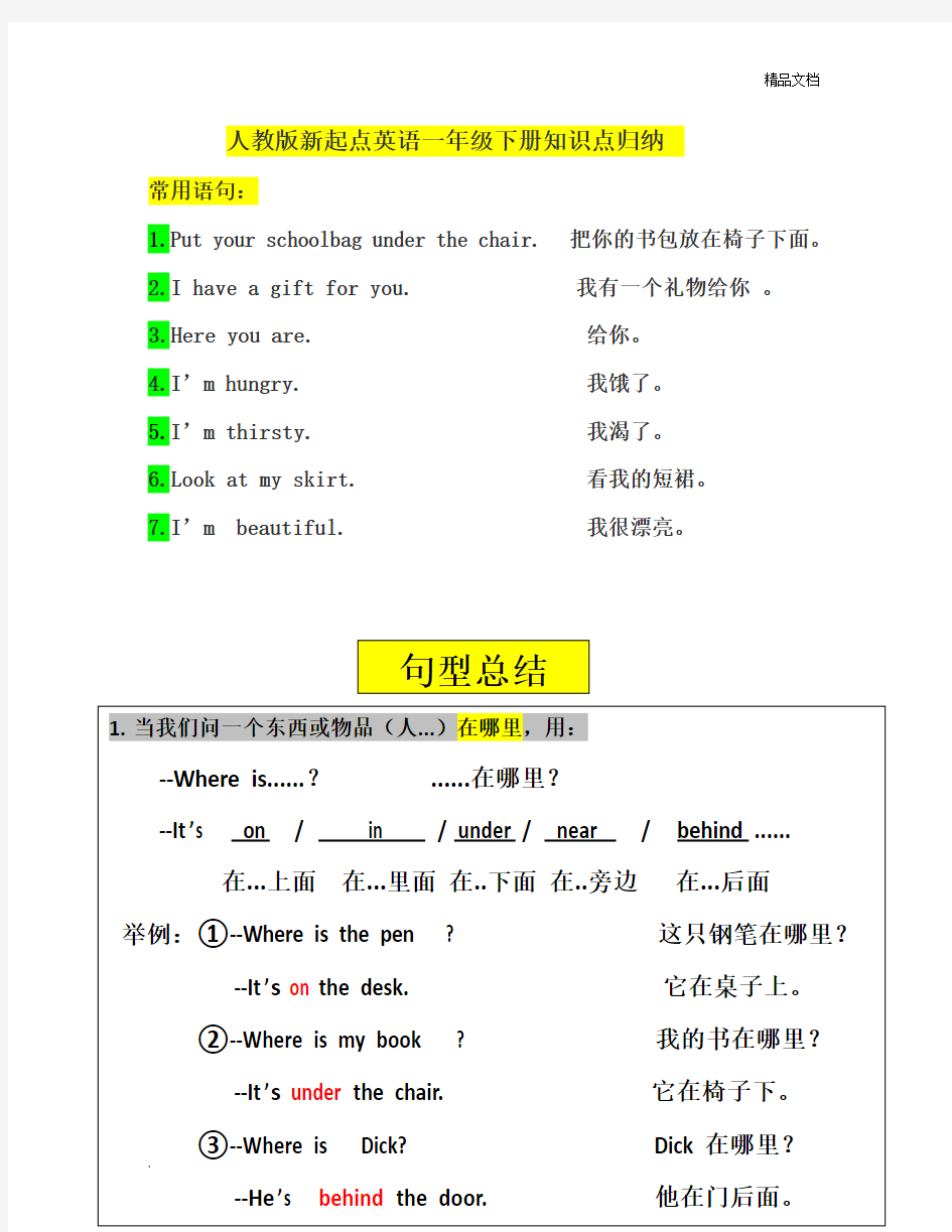 人教版新起点英语一年级下册知识点归纳(最终版)