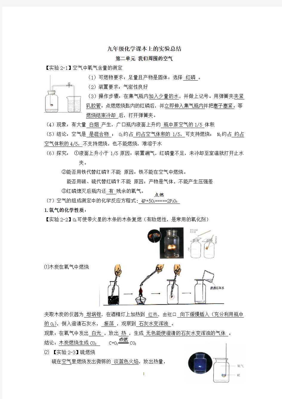 九年级化学课本上的实验总结