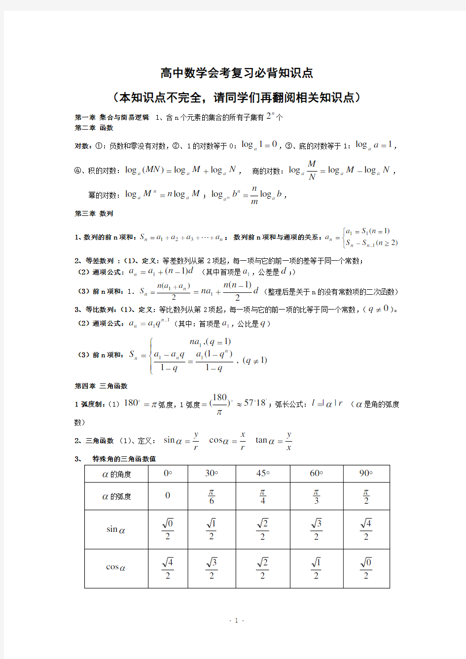 山东省高中学业水平考试数学重点及公式