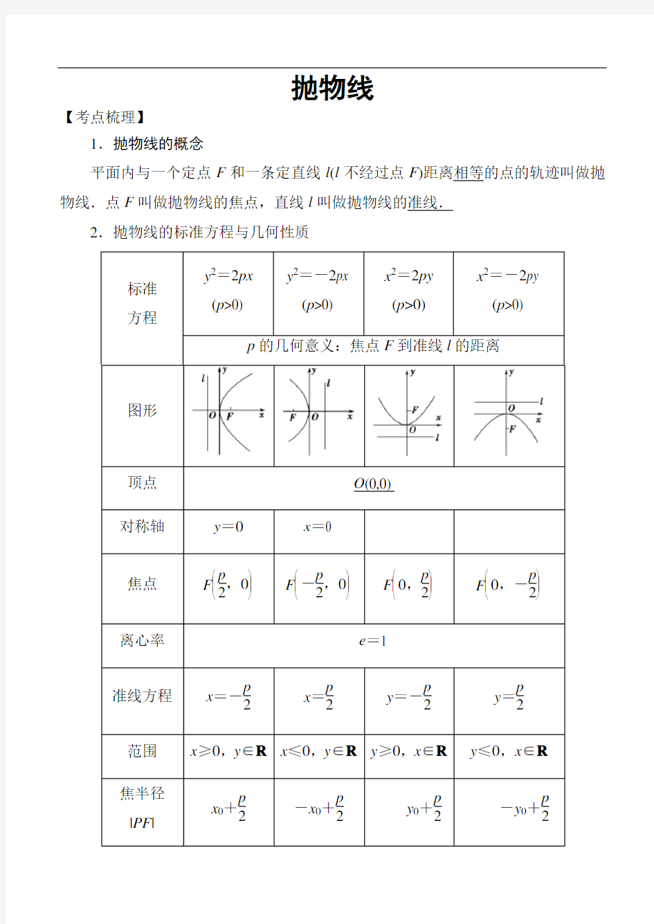 2.2018高考数学考点突破——解析几何：抛物线