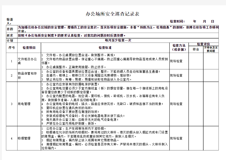 办公室场所安全巡视记录表