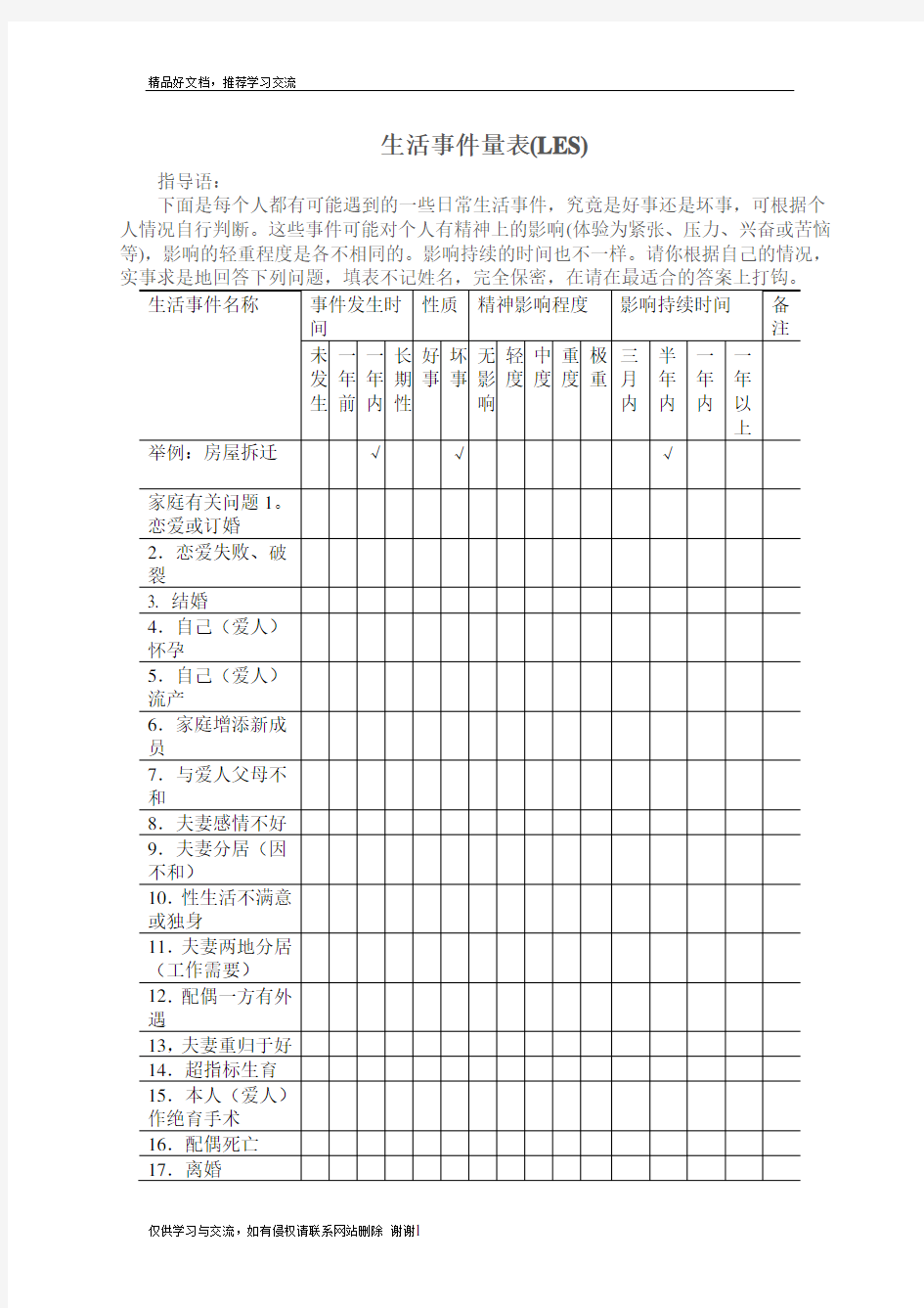 最新生活事件量表(LES)