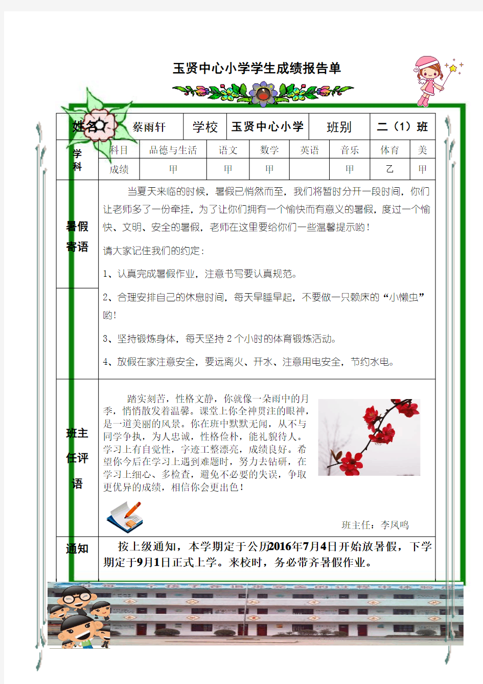 二(1)班学生成绩报告2