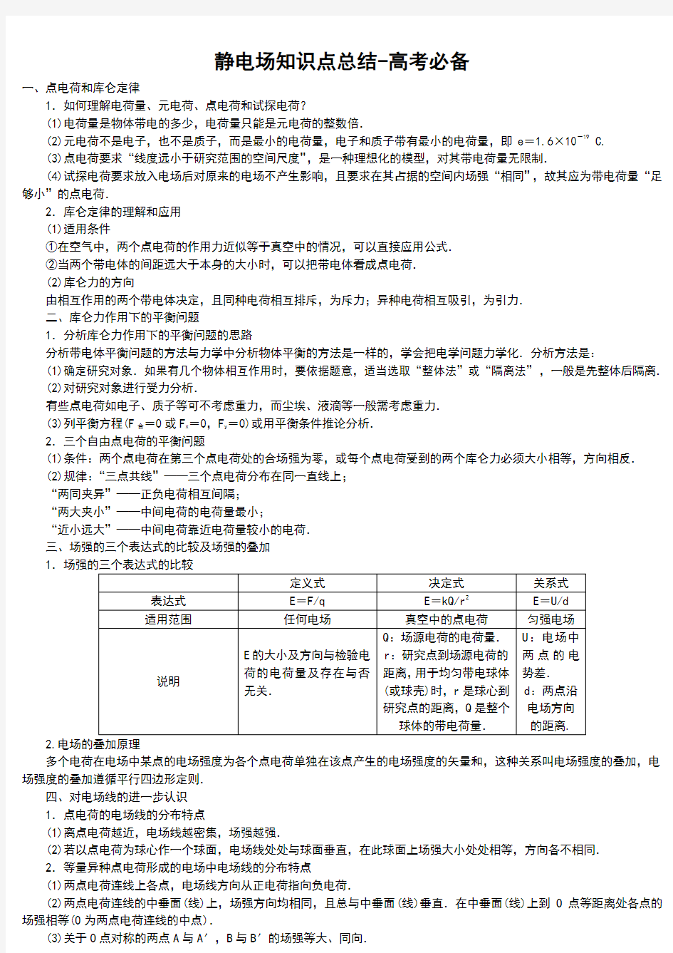 高中物理静电场知识点总结-高考必备