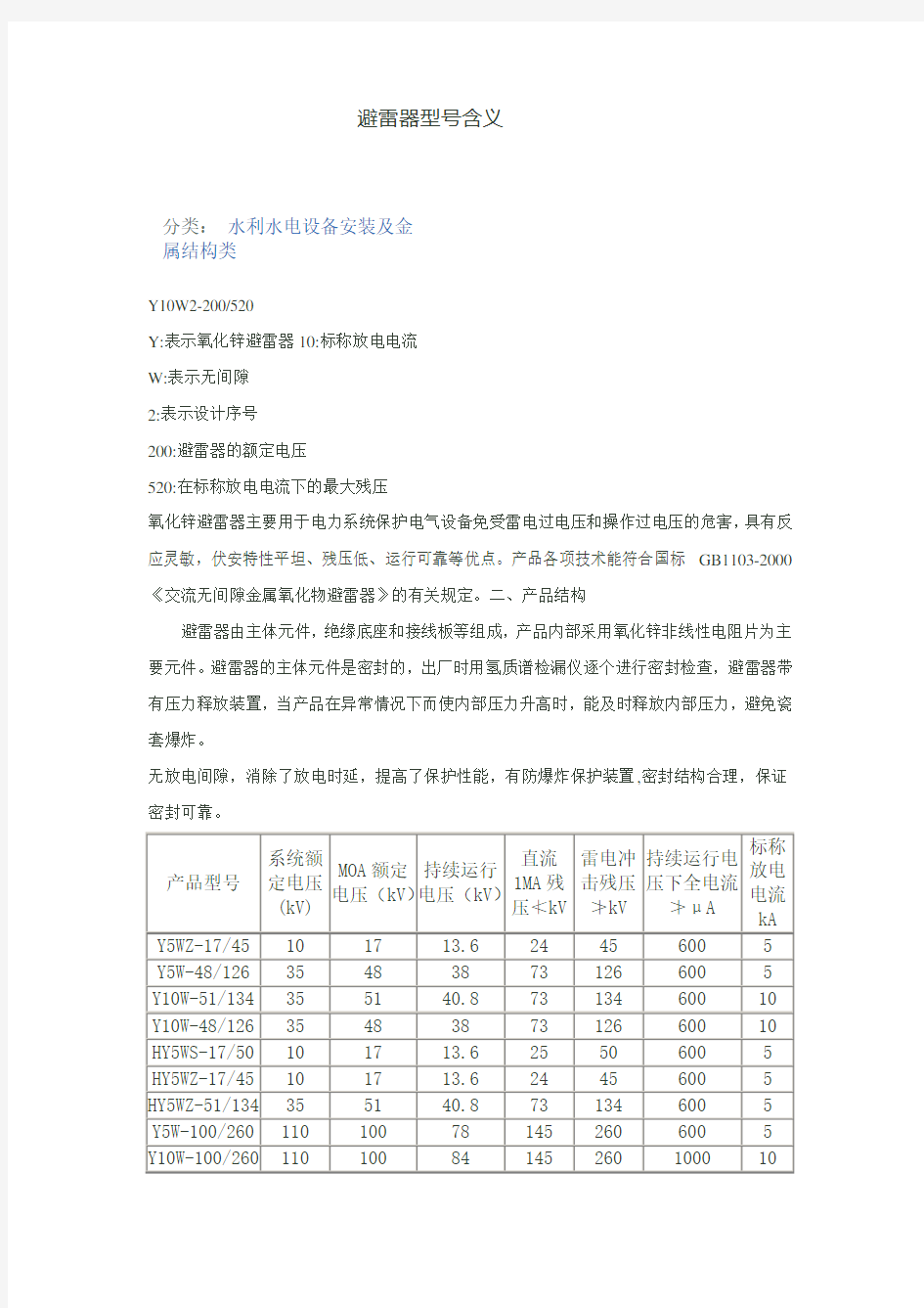 避雷器型号含义