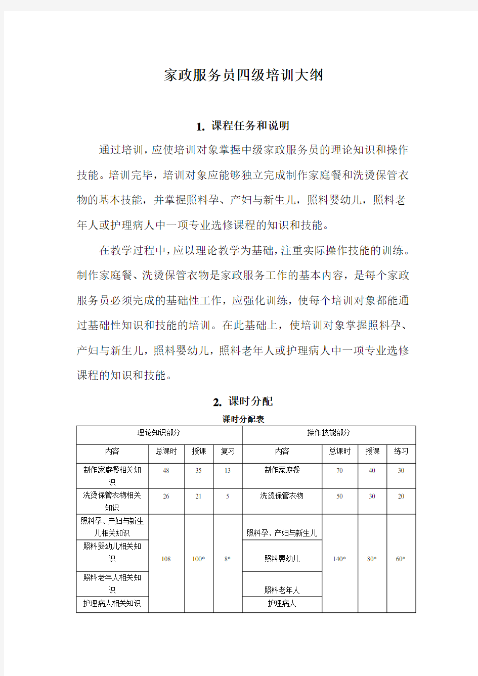 中级家政服务员教学大纲