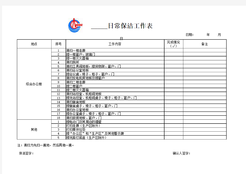 日常保洁工作计划表