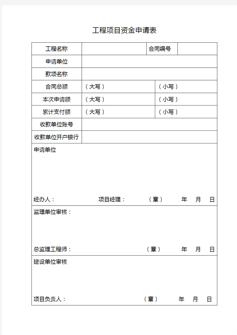 工程项目资金申请表