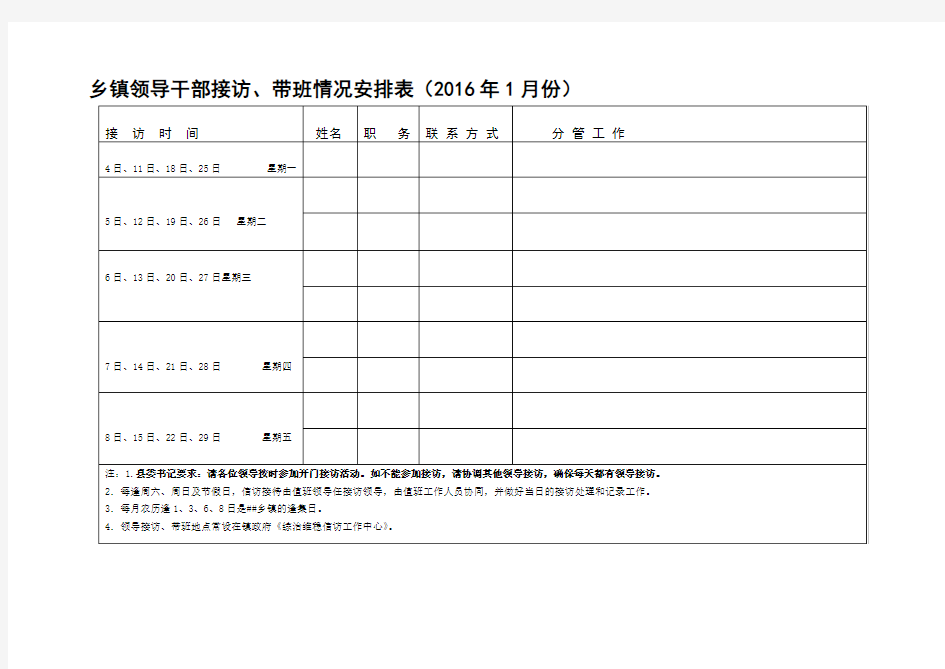 乡镇领导干部接访、带班情况安排表(模板)
