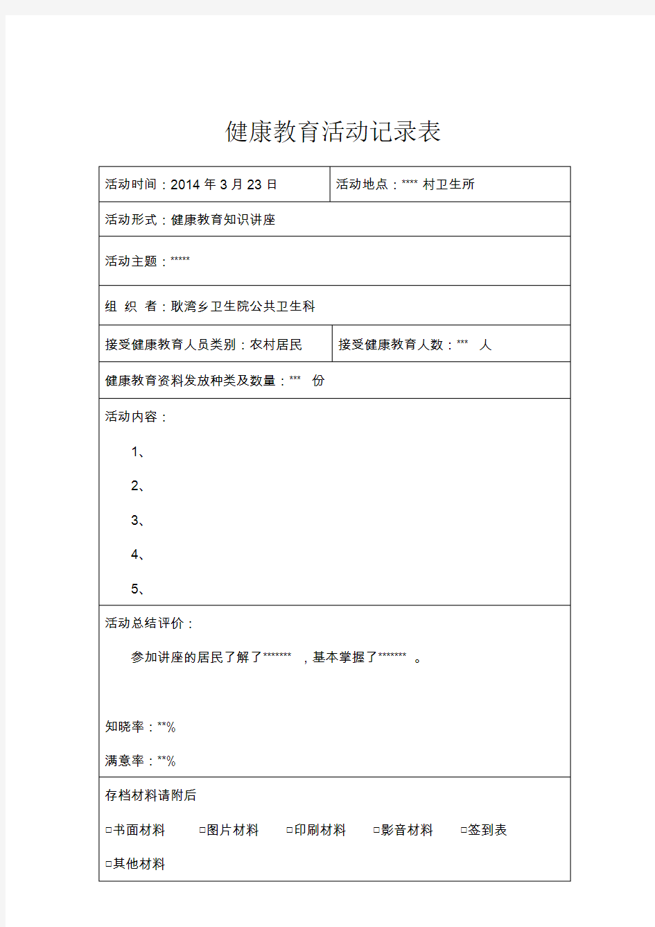 健康教育知识讲座活动记录模板