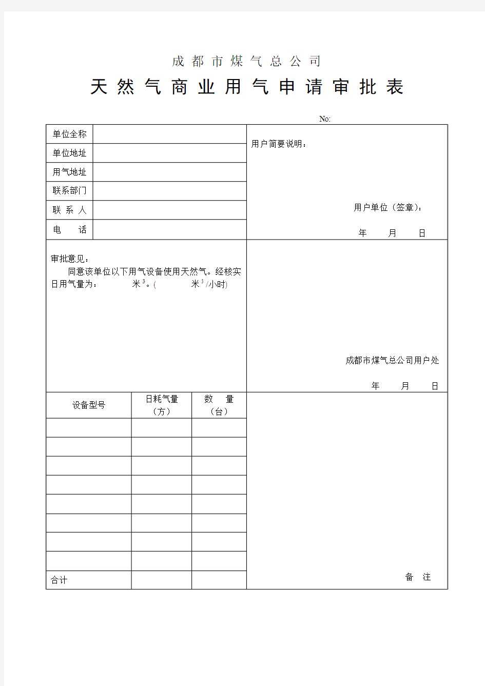 成都市煤气总公司天然气商业用气申请审批表