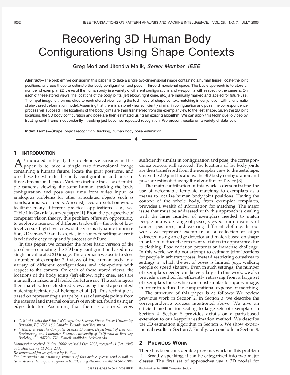 Recovering 3D Human Body Configurations Using Shape Contexts