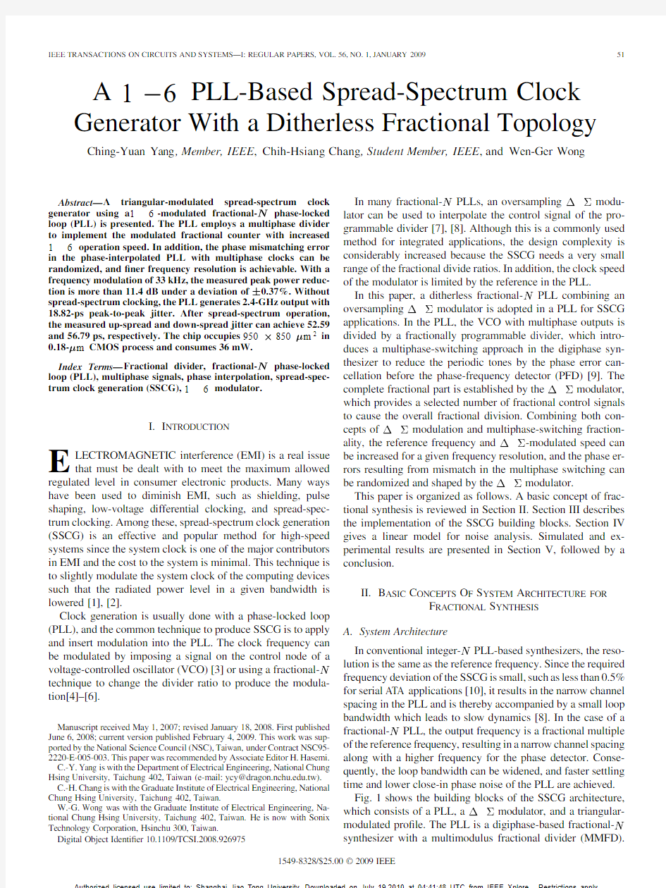 A  PLL-Based Spread-Spectrum Clock Generator With a Ditherless Fractional Topology