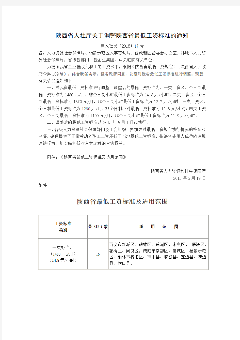 陕西省人社厅关于调整陕西省最低工资标准的通知