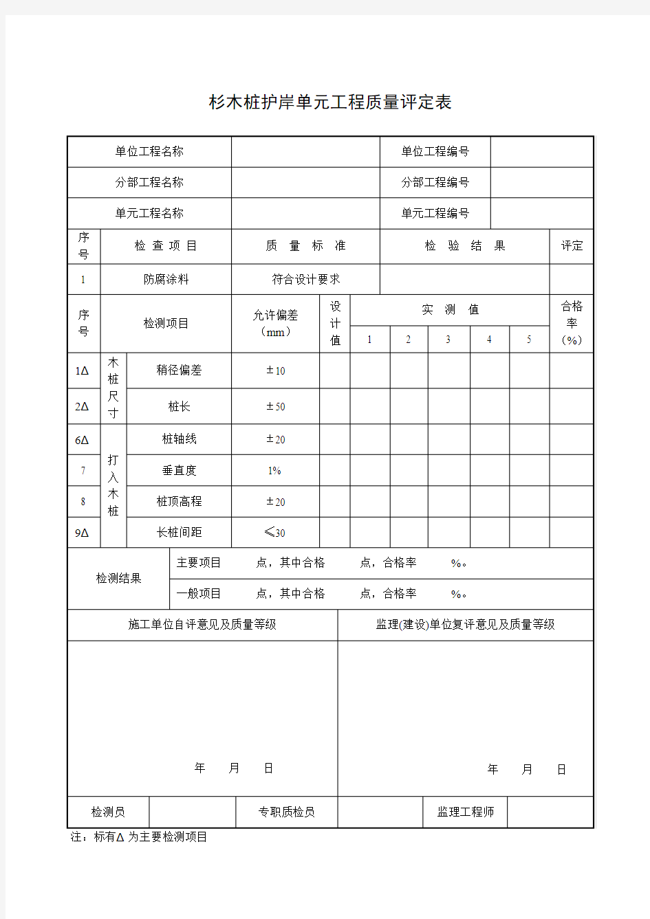 杉木桩护岸单元工程质量评定表