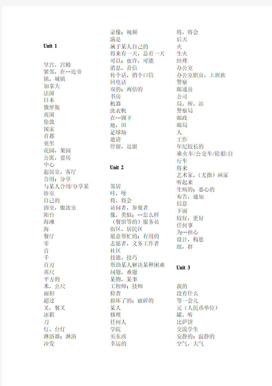 苏教版英语七年级下册1~8课单词默写(中文)
