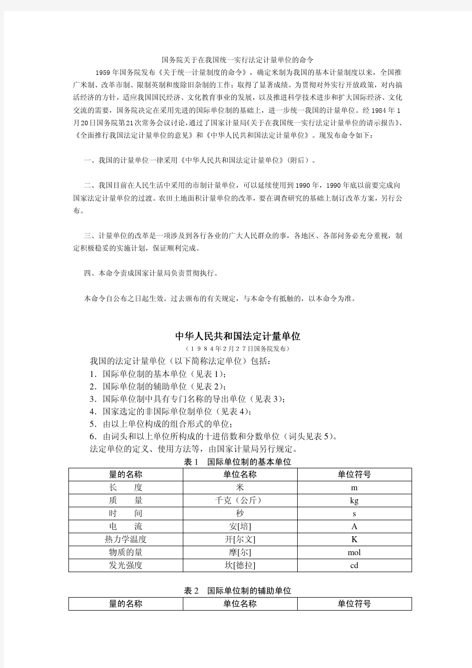 中华人民共和国法定计量单位(1984年2月27日国务院发布)