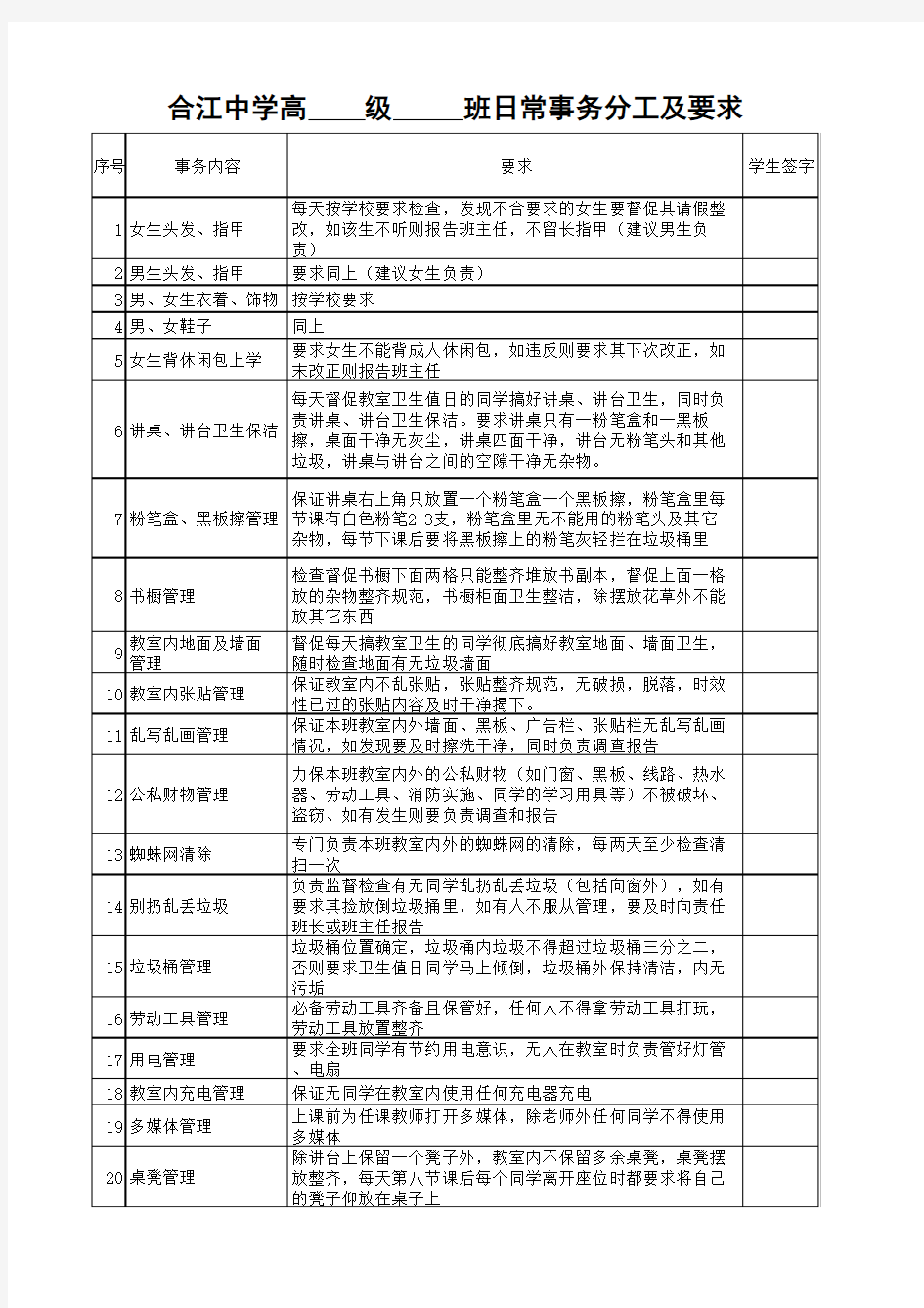 班级日常事务分工及要求