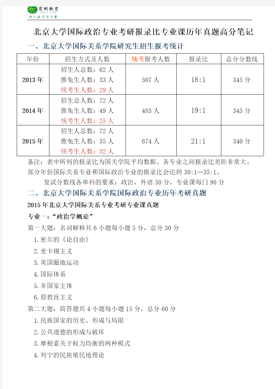 2016年北京大学国际政治专业考研报录比专业课历年真题高分笔记分数线-育明考研考博