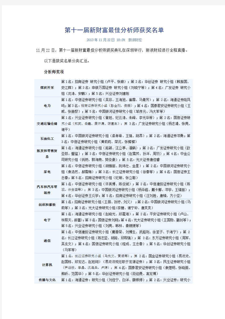 2013年第十一届新财富最佳分析师获奖名单