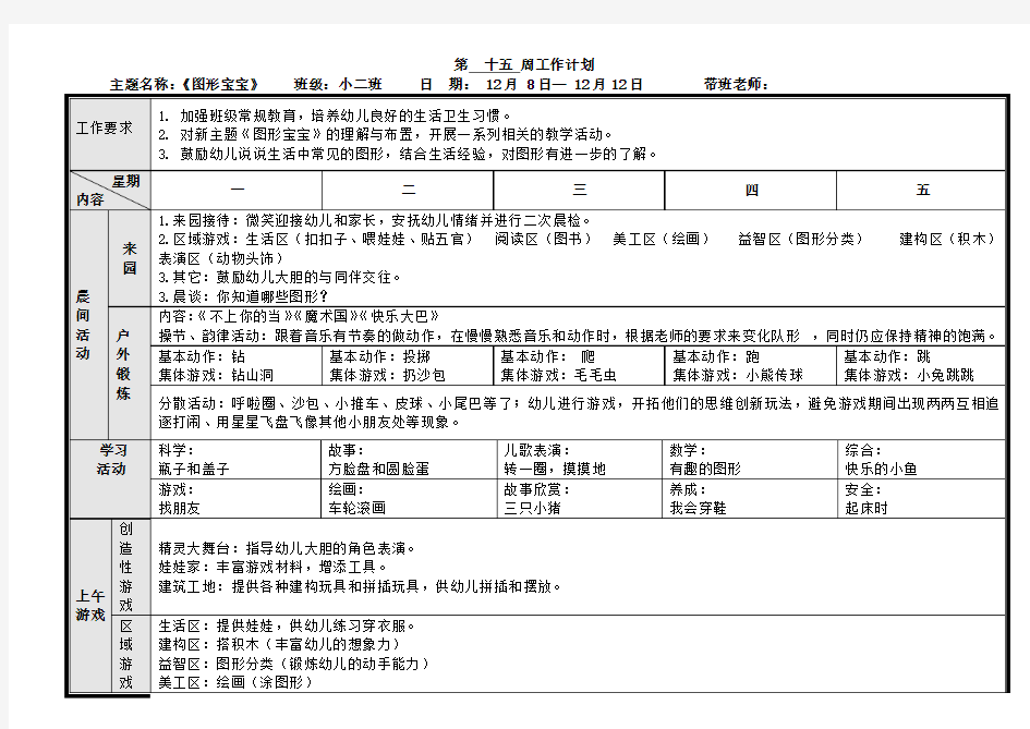 幼儿园小班第二学期周计划第十五周安排表