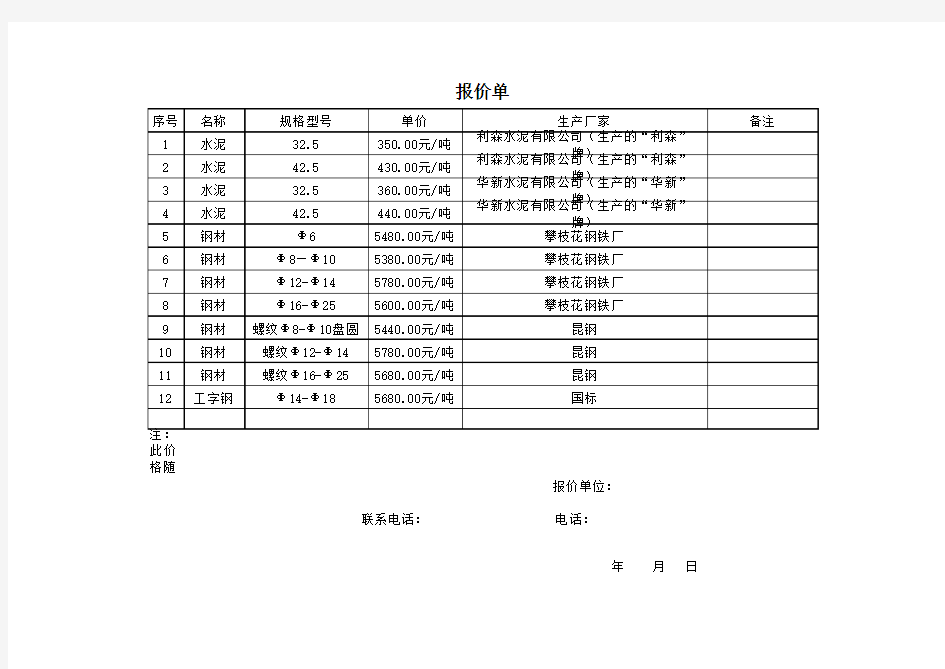 钢材报价单--