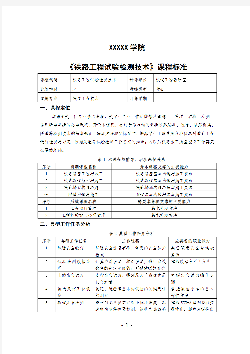 铁路工程试验检测技术课程标准2019年版