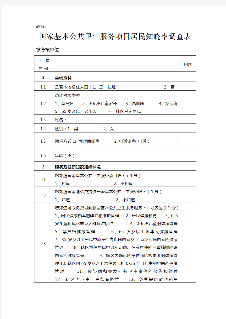 居民知晓率调查表