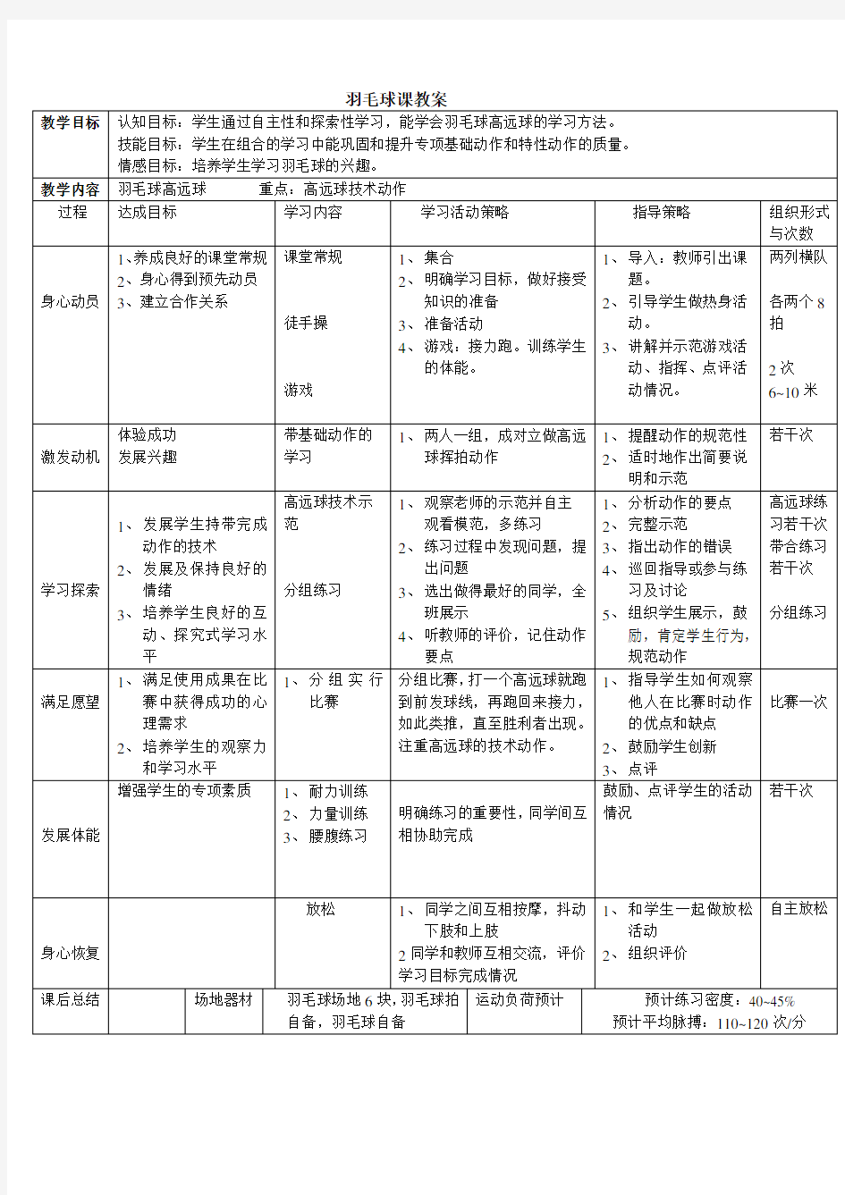 羽毛球课教案