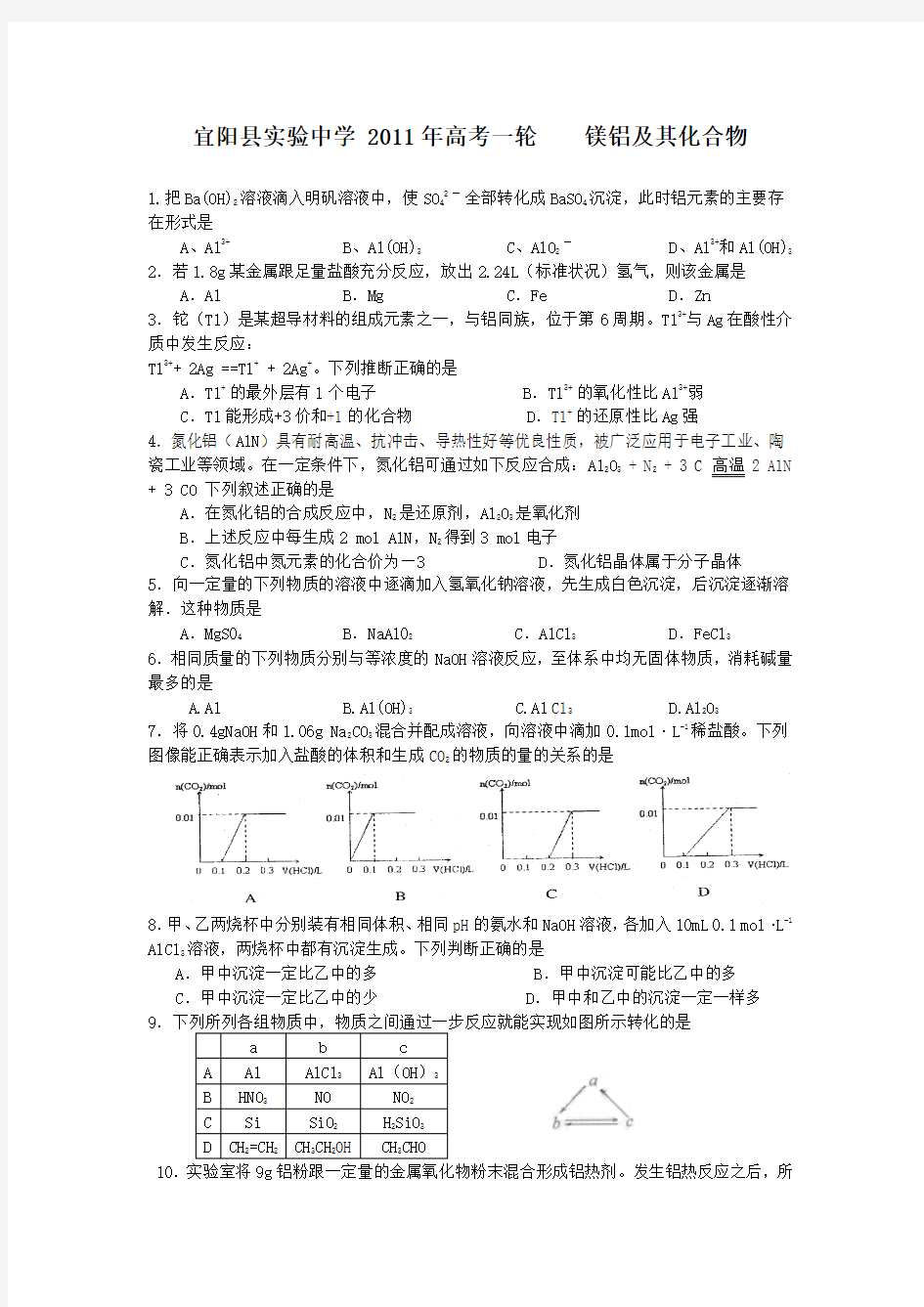 人教版高中化学必修一镁铝及其化合物