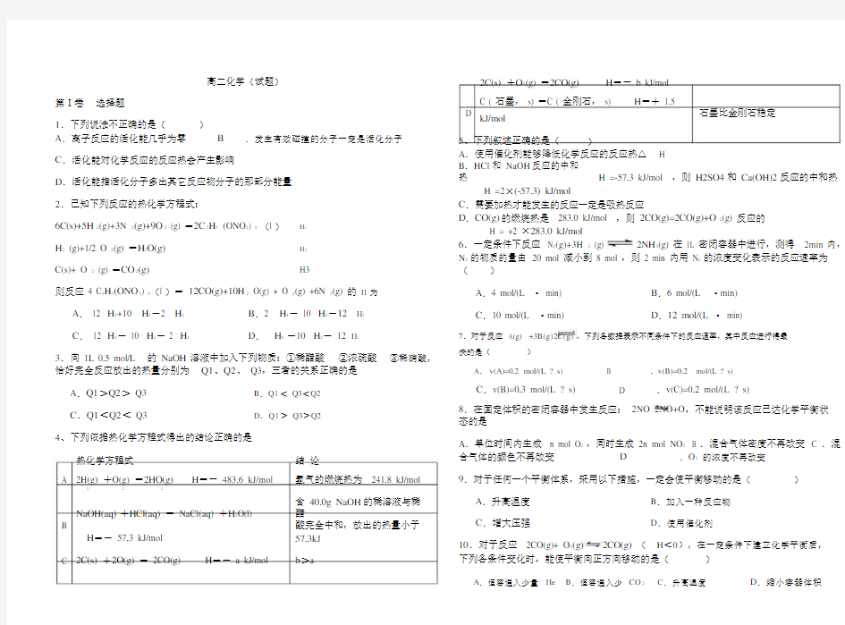 人教版高二化学选修4期末复习题.doc